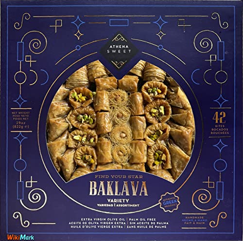 Baklava fait à la main. Poids 822 Gr. Assortiment de 42 Bouchées de Baklava Authentiques. Baklava à base d'huile d'olive extra vierge et sans huile de palme.