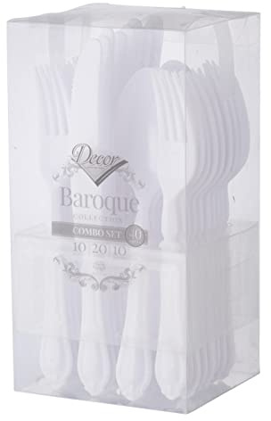 Decor Decorline - Ensemble de couverts réutilisables en plastique robuste - 40 pièces - Chacun avec 20 fourchettes, 10 couteaux et 10 cuillères - Baroque Collection - Blanc