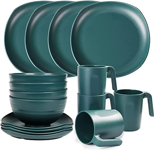 Greentainer Unbreakable Plastic Dinnerware Sets, 16 pcs Lightweight Camping Tableware Set, Microwave & Dishwasher Safe Plates Set, Bowls, Cups Mugs, Service for 4, Great for Kids & Adults - Green