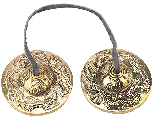 Cloche Tibétaine, Instruments de Percussion Bouddhistes Carillons Bouddhistes Tibétains Cloche Cymbales Tingsha pour Méditation Yoga Pratique Zen Thérapie par le Son Guérison(Motif double dragon)