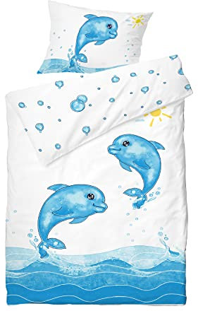 Koru Kids® Kinderbettwäsche 100x135 aus 100% Baumwolle mit Delfin-Motiv – Kinder- & Baby-Bettwäsche Set für Mädchen Jungen mit Kopfkissen- und Bettdeckenbezug (100 x 135 und 40x60)