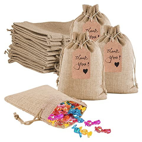 Penubuy stoffbeutel klein mit Kordelzug, 24-teilige Jutesäckchen Geschenktüte mit Geschenkanhänger, für Handwerk DIY Schmuck Hochzeit Party Weihnachte (Primärfarbe)