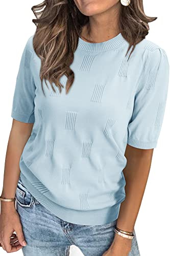 Arach&Cloz Womens Jumpers UK Short Sleeve Autumn Winter Crew Neck Ladies Knitted Tops Casual Dressy Sweater (Light Blue,M)