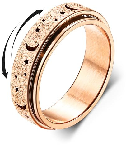 Diamday Anti-Angst Spinner Ring für Stress und Angstlinderung - Edelstahl Roller Ring für Damen und Herren - Drehbarer Mondstern Sand Blast Finish Roségold 52