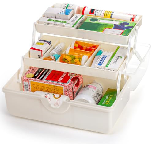 Lawei 3-Lagig Medikamenten Aufbewahrung Mehrzweck Aufbewahrungsbox Medizinschrank Portable mit Griff Medizinkoffer Bastelbox Nähbedarf-Organizer, Erste Hilfe Koffer, Medizinbox, Transparent/Beige