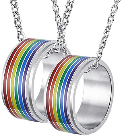 BCughia Partner Ketten, Partner Kette Ring Silber Halskette Personalisiert 10 mm Silberner LGBT Ring mit Regenbogen Emaille Halsketten für Freundin