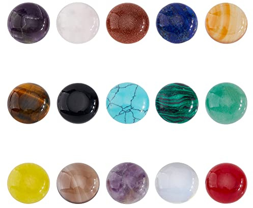 SUPERFINDINGS 30 Stück 15 Stile Natürliche Cabochon Edelsteine 16mm Halbrunde Kuppel Flache Rückseite Quarzsteine Für Halskette Schmuckherstellung DIY Handwerk Handgefertigt