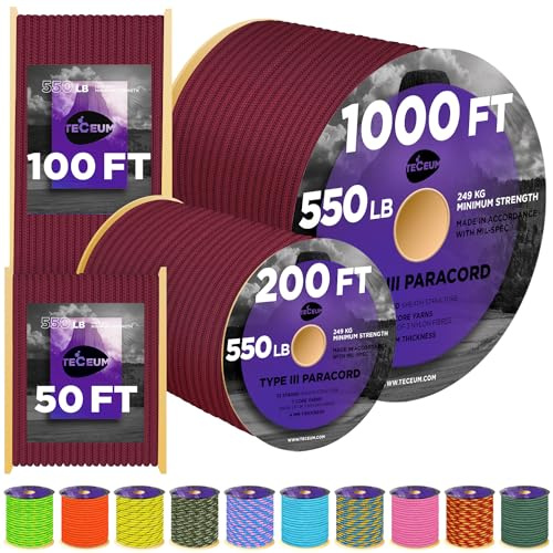 TECEUM Paracord Type III 550 Burgundi – 200 ft – 4mm – Tactical Rope MIL-SPEC – Outdoor para Cord –Camping Hiking Fishing Gear and Equipment – EDC Parachute Cord – Strong Survival Rope 067gd