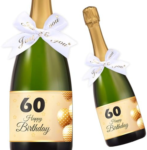 Lot de 10 étiquettes pour bouteille d'anniversaire de 60 ans avec 10 nœuds cadeaux, étiquettes Happy Birthday, personnalisées pour hommes et femmes (14,8 cm x 10,5 cm)