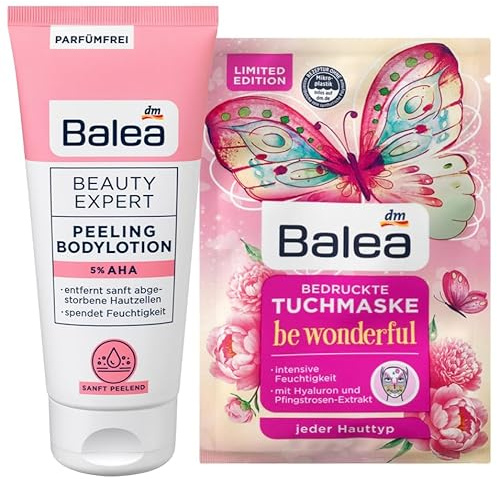 Balea Peeling Bodylotion Beauty Expert mit 5% AHA + Tuchmaske Be Wonderful | Lotion mit Peeling-Effekt bei Reibeisenhaut feuchtigkeitsspendend parfümfrei, 200 ml + Pflegemaske Schmetterling mit Hyaluron