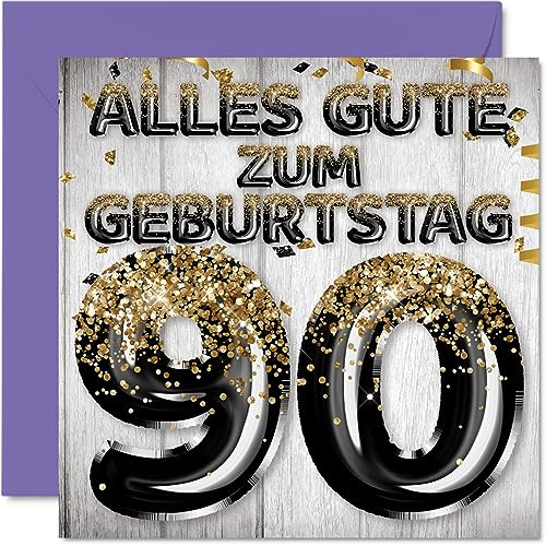 Stuff4 90. Geburtstagskarte für Männer, Schwarz Gold Glitzerballons | Alles Gute zum Geburtstagskarten für 90 Jährige Mann Papa Urgroßvater Opa, 145mm Neunzig Neunzigster Geburtstag Grußkarten