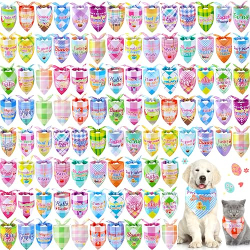 Sweetude 100 Pcs Easter Plaid Dog Bandanas Bulk with Sayings Easter PET Scarf Bibs Adjustable Washable Kerchief Holiday PET Costume Accessories Grooming Supplies for Small to Large Cats Dogs
