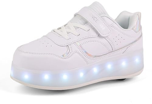 Rollschuhe Schuhe Jungen Mädchen Skateboardschuhe Mit Rollen, Verstellbar Jugend Schuhe mit Rollen und LED Licht, Multifunktionale Sportschuhe Outdoorschuhe für Kinder Erwachsene-Weiß-Vier Räder||37