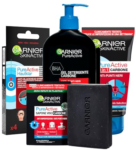 Garnier PureActive Aktivkohle-Reinigungsgel 250 ml + Kohle-Gesichtsseife 100 g + Streifen T-Zone Anti Mitesser 4 Pflaster + Behandlung 3in1 Holzkohle 150 ml