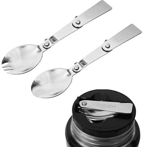 Replacement Foldable Spoon and Fork Set Compatible with Thermos Funtainer 16oz Food Jar, Stainless Steel Spoon Salad Spork Portable Outdoors, Dishwasher Safe
