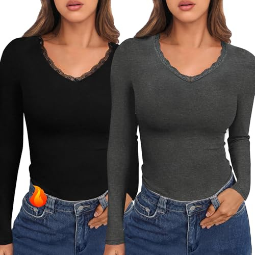 Crewhpo Women's Base Layer Shirt Long Sleeve Lace V Neck Slim Thermal Top