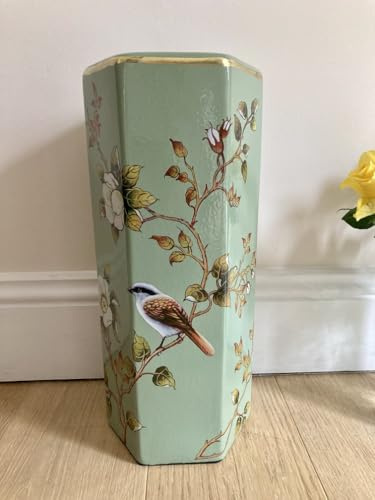Ceramic Umbrella Stand Stick Holder Green 44cm Tall Hexagonal w Flowers & Birds