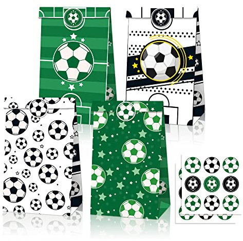12 Fußball Papiertüten mit 18 Aufklebern - Geschenktüten für Kindergeburtstage & Partys