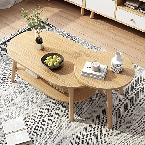 WOTZOV Couchtisch, Satztisch, 2er-Set, großer ovaler Couchtisch und Kleiner runder Beistelltisch mit Ablagefläche, 2-in-1-Sofatisch, Teetisch mit Beinen aus Massivholz, für，Gummibaum