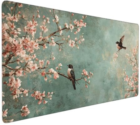 Gaming Mauspad XXL Retro Mousepad 800x400x4mm Blumen und Vögel Verlängertes Mauspad Schreibtischauflage,Genähte Kanten Mauspad,Verbessert Präzision Geschwindigkeit Wasserdicht Geeignet für Büro,Spiele