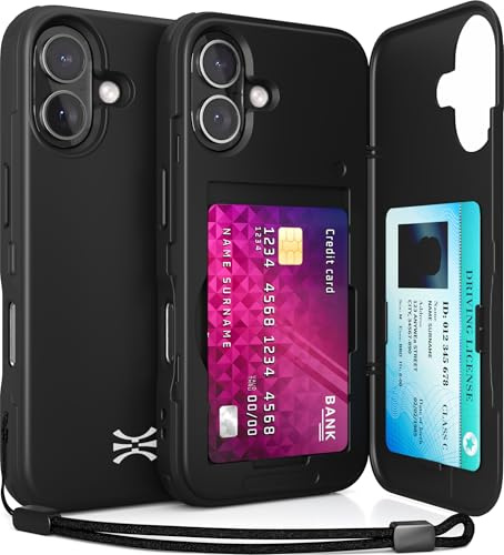 TORU CX SLIM för iPhone 16 fodral plånbok | skyddande stötsäkert slitstarkt skydd med dold korthållare och kortplats | spegel och handledsrem ingår - Svart