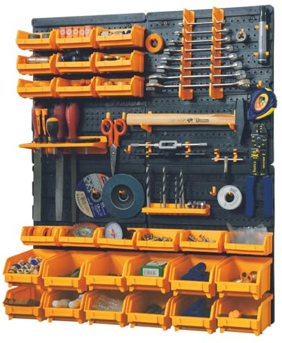 Werkzeugwand 66 x 78 x 1,7 cm, 4 Lochwände, 15 kleine – 12 große Behälter, 38 Haken, Wandregal