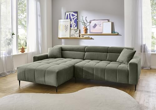 Wohnlandschaft >Stanislaw< in grün, Ottomane links, elektrische Sitztiefenverstellung, Metallfüße schwarz gepulvert, Nosagunterfederung, Polyätherschaum, inkl. 2 Zierkissen, 256x78-100x180 cm (BxHxT)