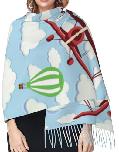 Hceaatb Damen-Schal, Cartoon-Flugzeug, Himmel, Mode, Winter, warm, Kaschmirschal, Fransenschal, Schwarz , Einheitsgröße