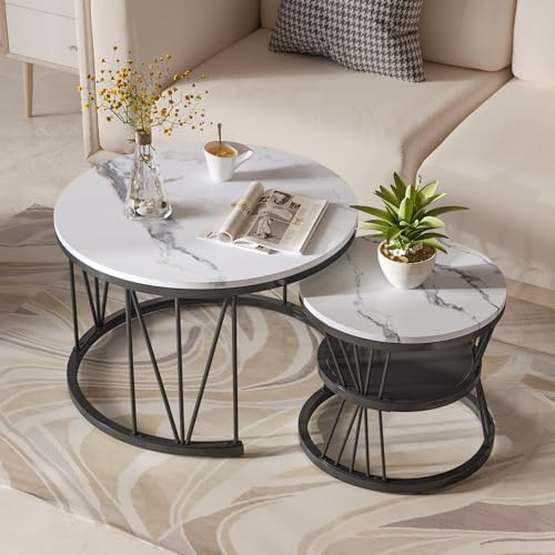 USROCAS Couchtisch Rund Weiß 2er Set, Marmor Couchtisch mit Schwarz Metallrahmen, Zweistufiger Desktop, Marmorfurnier, V-förmiger Stützrahmen, Modern Wohnzimmertisch(Schwarz Rahmen + Weiß Desktop)