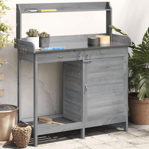 Homgoday Holz Pflanztisch mit Schublade & Regal für Garten Terrasse - Grau, 110,5 x 45 x 124,5 cm Model156345