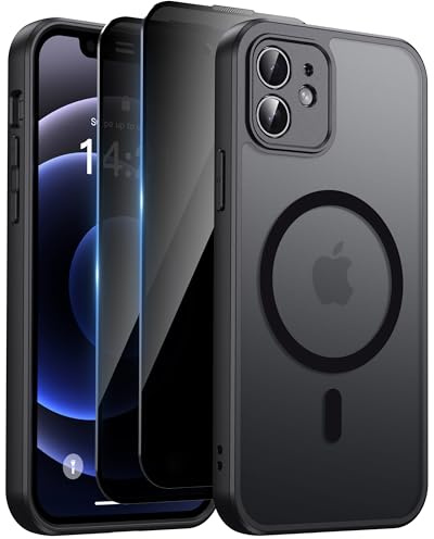 Aekyiwot Hülle für iPhone 12 Magnetische Handyhülle Kompatibel mit iPhone 12 MagSafe, mit 2 Schutzfolie Sichtschutz Privacy Schutz, Hülle mit Kameraschutz Stoßfest Kratzfest Schutzhülle, Schwarz