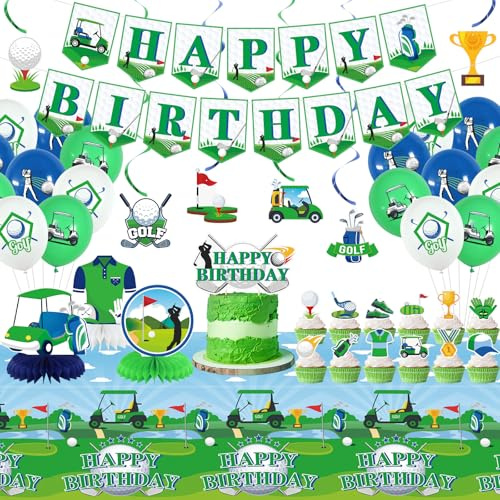 Obussgar Golf Birthday Party Decorations - Golf Party Supplies including Happy Birthday Banner, Spirals, Cake Toppers, Table Centerpieces, Balloons (LQ)