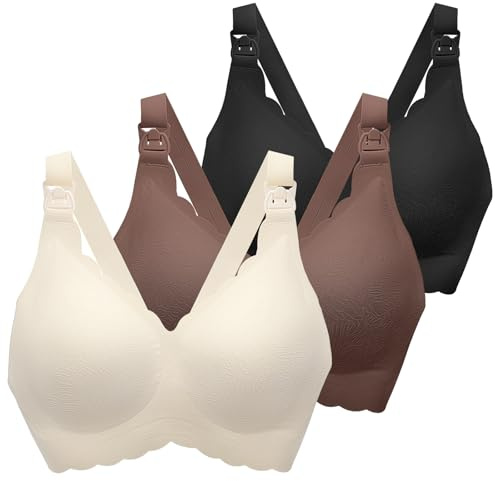 MomWills Nursing Bras for Breastfeeding, Seamless Ultra Comfort Maternity Bra, Natural Shape Pregnancy Bras for Women, Black/Brown/Cream, L