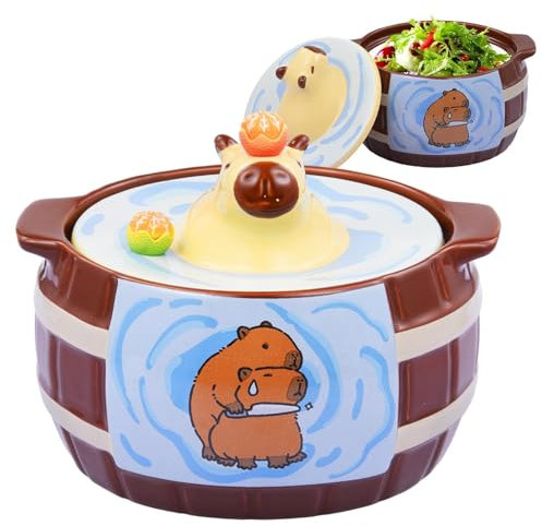 Cartoon Capybara Tasse à ramen en céramique avec couvercle et poignée Motif micro-ondes 950 ml