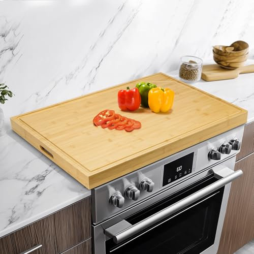 Bamboo Cutting Board Stove Cover with Handles（75x55.3x5cm）, Reversible Serving Tray, Wooden Noodle Board Kitchen Sink Cover for Extra Counter Space, Gas Hob Protector for Gas/Electric Stove Burners