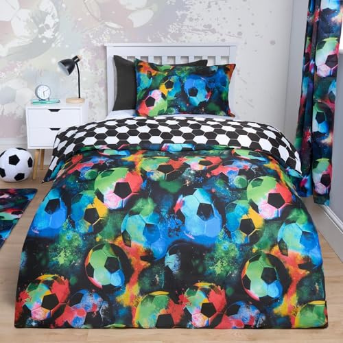 OHS Double Bed Duvet Cover Set, Super Soft Cosy Warm Vibrant Galaxy Luxurious Reversible Comfortable Double Duvets with 2 Pillowcases for Kids - Neon Football