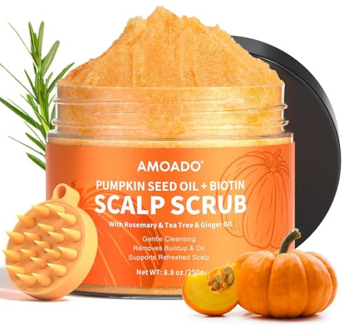 AMOADO Scalp Scrub, Pumpkin Seed Oil Scalp Exfoliator With Biotin & Rosemary, Sulfate Free Scalp Detox for Itchy Scalp & Dandruff & Buildup Removal & Hair Growth, Hair Scrub with Scrubber