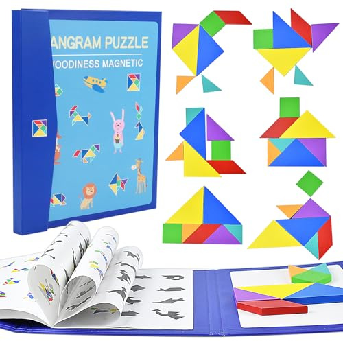 Yunyige Tangram Magnetico,Juegos Tangram Imantados,Tangrams Magnetico Viaje,Tangrams Jigsaw con 96 Formas Disección Puzzles con Solución (Azul)