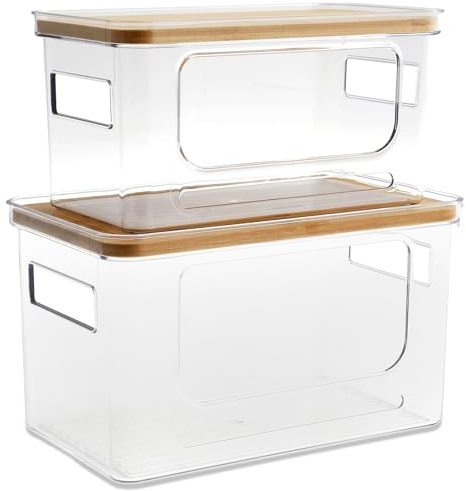 Toaboa Lot de 2 distributeurs de sacs poubelle transparents avec couvercle et poignées des deux côtés - Empilables - Pour cuisine, buanderie, salle de bain, armoires