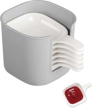 Homiladi Dip Bowls 6PCS Mini Sauce Pots with Handles for Snacks & Dips | Small Prep Plates | Plastic Dip Pots with Square Base for Soy Sauce, Condiments & Party Serving (White)