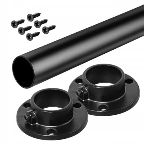 Wardrobe Rail Round Hanging Set Black Tube 25mm + End Bracket+ Black Screws Furniture Closet Clothes Hanger (1195mm Rail + Brackets)