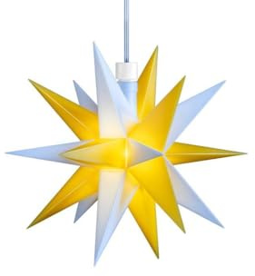 LED Mini Dekostern Weihnachtsstern 18 Zacken wetterfest, weiß-gelb Ø 12cm, mit Timer 6h, mit Batteriefach 3x AA, mit Fernb., Innen u Außen für Weihnachten, Hochzeiten, Party, Dekoration, Geschenkidee