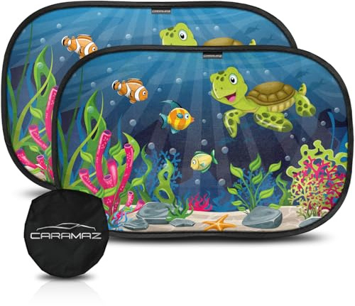 CARAMAZ Parasol para Coche bebé con protección UV, Certificado Reach – OPTI-Dark – GSM100+ – oscurecimiento 51x31 cm, 2 Unidades Tortuga