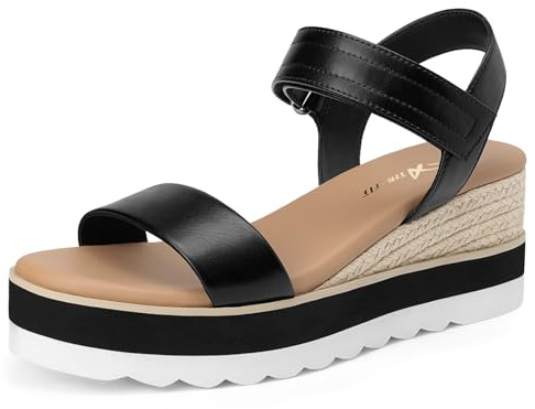 Athlefit Espadrille Wedge Sandals for Women, Open Toe Ankle Strap Low Wedge Heel Platform Sandals for Summer, Black Size 8, SAPS2617W