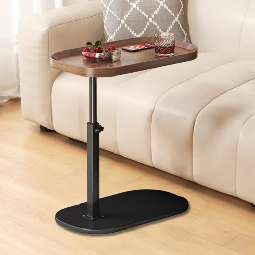 Höhenverstellbarer Beistelltisch mit erhöhtem Rand 30x45cm, Kleiner C-Form Betttisch Sofatisch mit 360° Drehbar, Holz Ovaler C-förmiger Side Table Laptoptisch für Wohnzimmer Couch Sofa Bett (Walnut)
