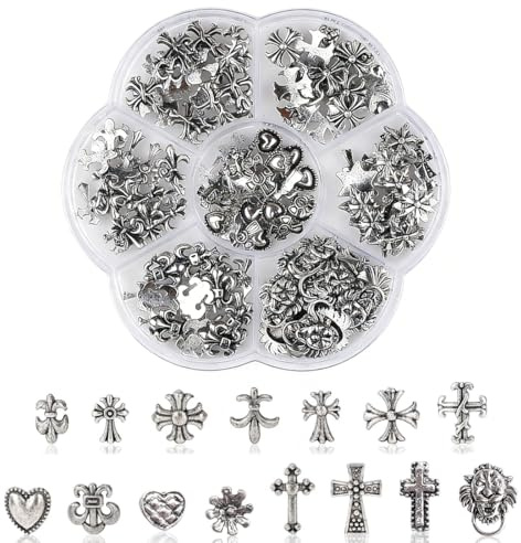LAKPYN 75 Pièces Breloques pour Ongles Croix Argent Charme avec Coeurs Gothiques Rétro Punk Crânes Manucure Décorations Nail Art, Deco Ongle Nail Art