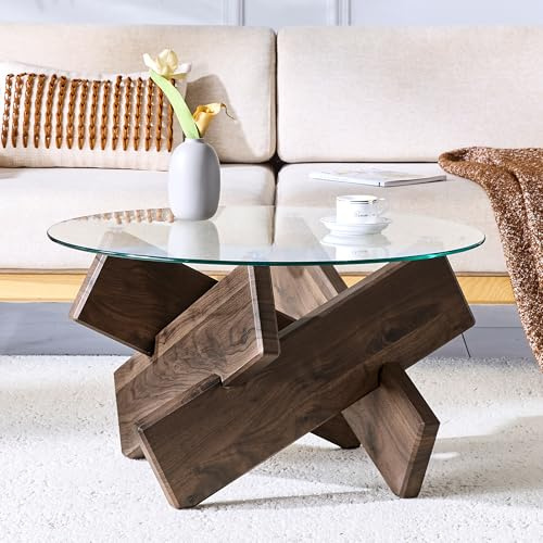 Lumivortex Mesa de salón redonda con cristal de seguridad, mesa de centro redonda con estructura en cruz, patas de madera, aspecto de nogal, 79 x 79 x 45 cm (A)