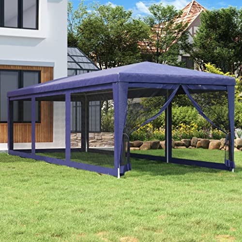 Nqyjm Trädgårdspaviljong utomhus festtält med 8 sidoväggar i mesh blå 3 x 9 m HDPE paviljong tält tält för bröllop, camping, kommersiella evenemang