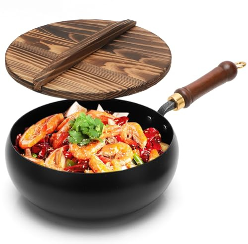 Poêle à frire antiadhésive, en fer forgé non revêtu, diamètre : 24 cm, anti-adhésive, en nid d'abeille, avec couvercle, pour la cuisine, la cuisson, la friture, la saute, le ragoût