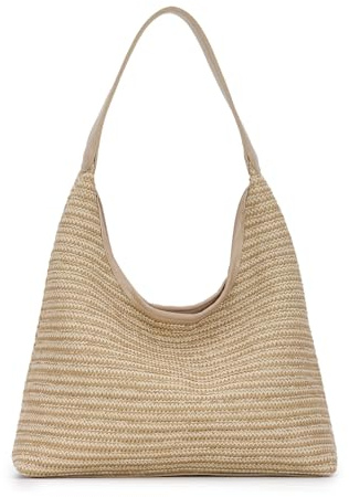 SUKUTU Borsa a tracolla per donna, in paglia intrecciata, borsa estiva da spiaggia, borsa da mano, cachi